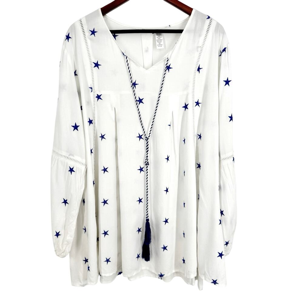 Kaktus Plus Size XXL Blue White Patriotic Stars America Blouse Shirt Top Artsy